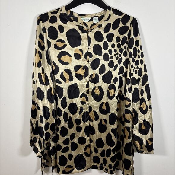 Laura Ashley Plus Size 2X Animal Print Silk Tunic Button Front Beige Blouse - Picture 3 of 7